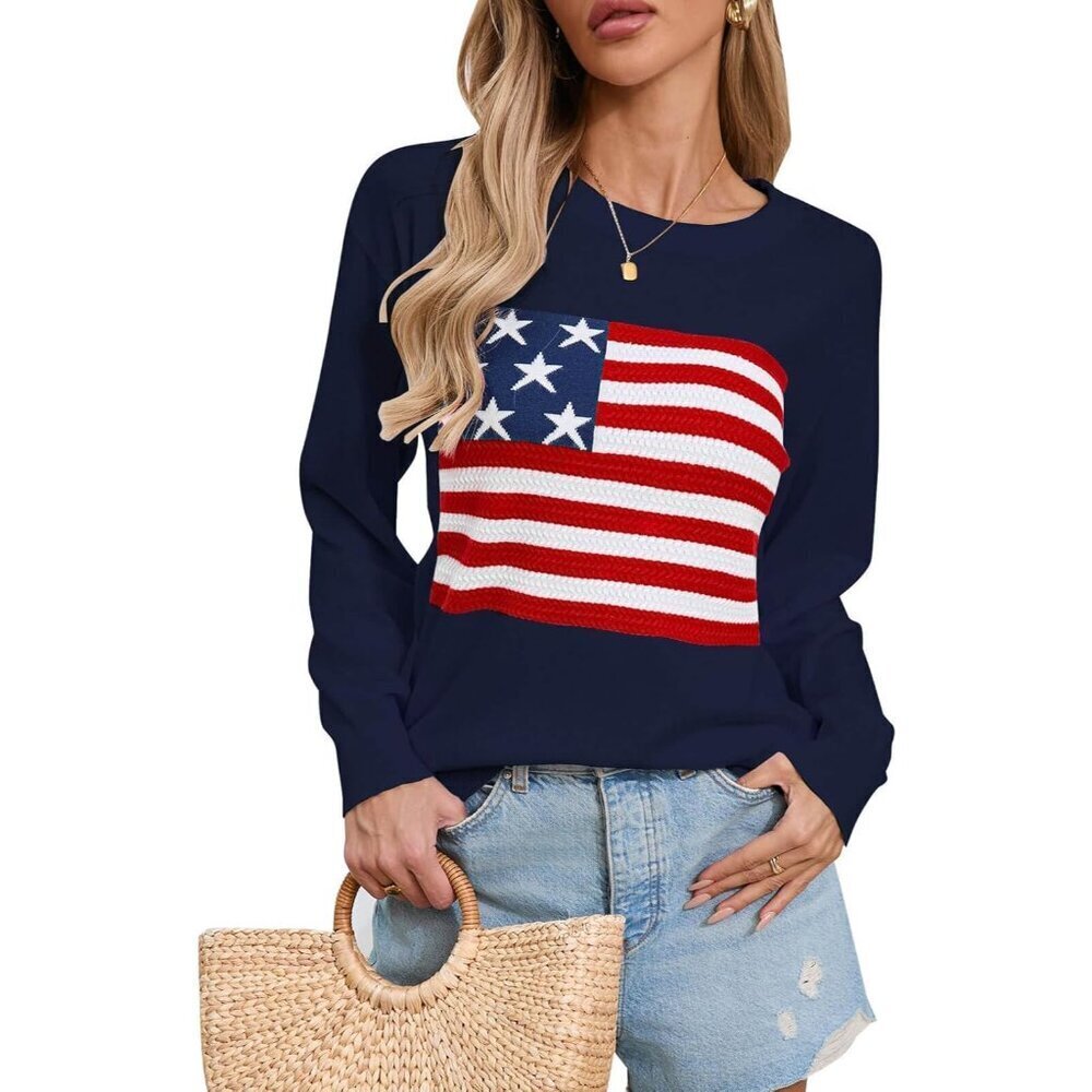 Women's American Flag Sweater Lightweight Long Sleeve Crew Neck Pullover